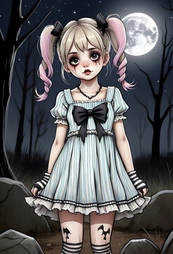 Trauriges Gothic Fantasy M&auml;dchen mit rosa Z&ouml;pfen und wei&szlig;em Kleid in einem dunklen mystischen Wald