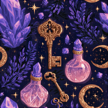 Luxury celestial alchemy seamless pattern with ornate golden keys, purple crystals, magical bottles, and crescent moons