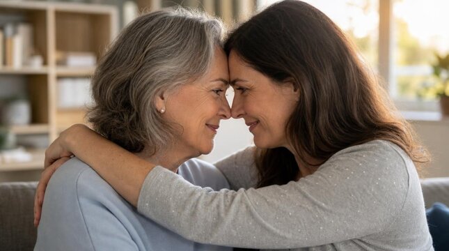 Tender candid close-up of adult daughter hugging mature mother, foreheads touching, smiling warmly in cozy sunlit living room, multigenerational family love and emotional connection portrait