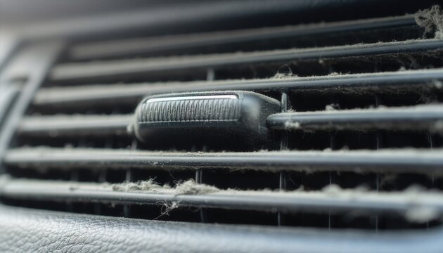 Extreme close-up of accumulated dust trapped inside car air conditioning vents, thick gray dust covering the ventilation fins and narrow gaps.