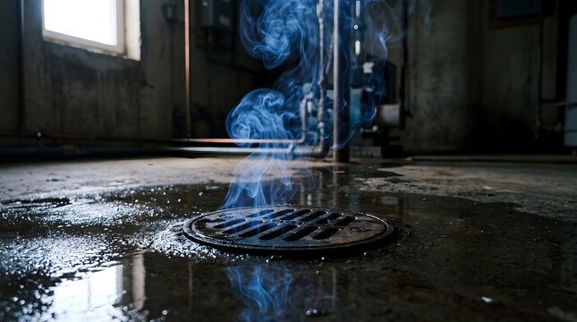Basement floor drain with rising steam