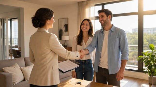 Confident female realtor in cream blazer shaking hands with smiling young couple inside sunlit modern apartment with panoramic windows, gray sofa, and warm decor