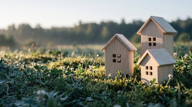 Three small wooden house models in dewy grass at sunrise