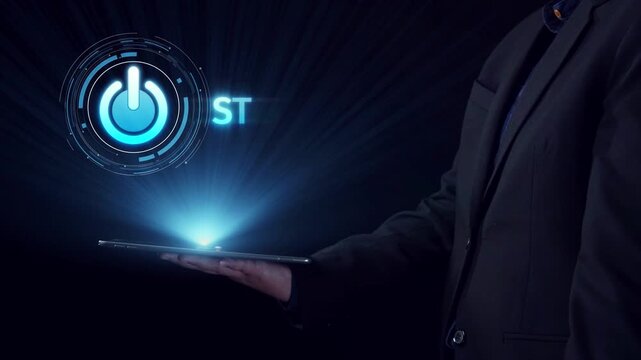 Start 2025 concept with futuristic power button symbolizing fresh beginnings, innovation, and digital transformation. Start 2025, new goals, and start 2025 initiative. Elide