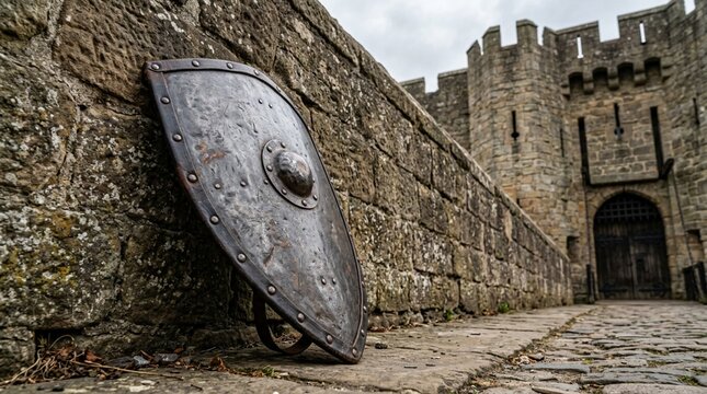 Thick heavy medieval metal shield leaning against ancient weathered stone castle wall beside arched wooden gate entrance, protection and security concept