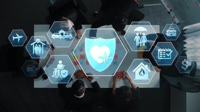 A unique digital concept showcasing health insurance icons surrounded by professionals discussing benefits and coverage options in a modern office environment. Raster