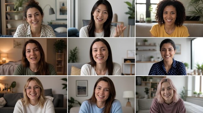 Composite video call grid showing eight diverse smiling young women in separate home interior tiles, remote work and online meeting concept, horizontal layout collage portrait