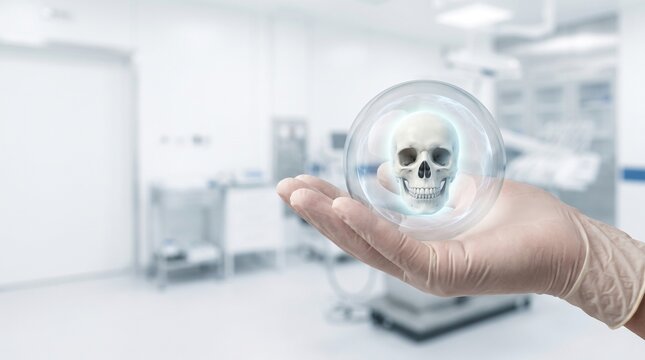 Professional Medical Researcher Holding a Digital Human Skull Hologram in a Modern Clinical Laboratory Environment