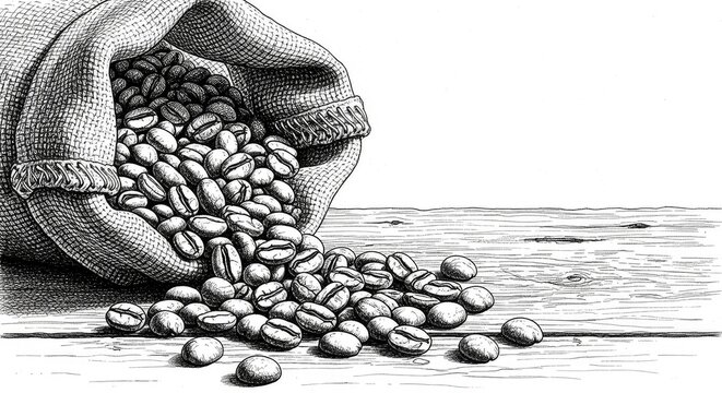 Detailed black and white etching of roasted coffee beans cascading from a canvas bag onto a rustic wooden surface with artistic shading, closeup, art, beans