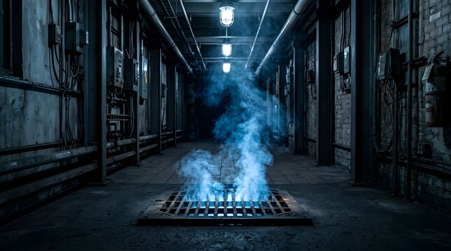 Industrial basement with glowing steam vent