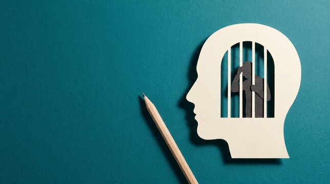 Paper head silhouette with figure behind bars as trapped mind concept