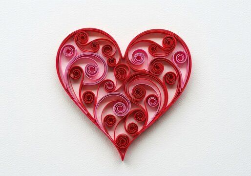 Elegant paper quilled heart composition featuring intricate swirls and coils in shades of red and pink on a clean white textured background, romance, close up, papercraft