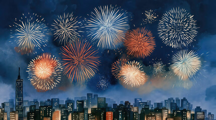 Obraz premium Watercolor New Year fireworks over city skyline at night