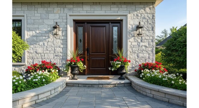 Elegante entrada de casa con puerta de madera oscura, camino de piedra gris y jardineras decorativas bajo una suave luz natural exterior, arquitectura, estructura, casa