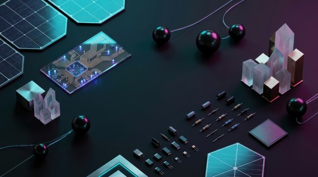 Innovative circuitry and glowing geometric structures are arranged across a dark surface to represent advanced computing research developments within the fast growing global semiconductor