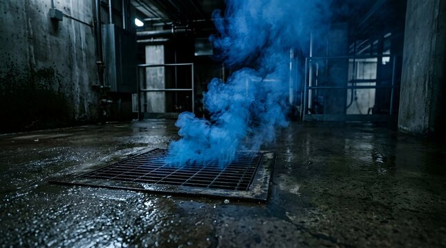 Blue smoke rising from an industrial drainage grate
