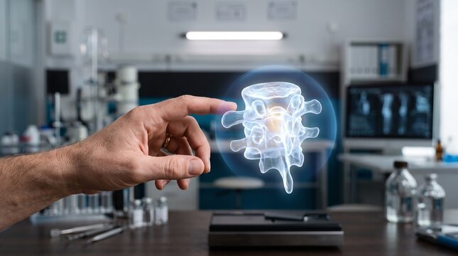Doctor Interacting with a 3D Holographic Model of Human Lumbar Spine for Advanced Medical Diagnosis Research