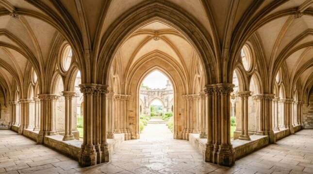 A wide-angle photograph captures a long, vaulted corridor within a medieval monastery.