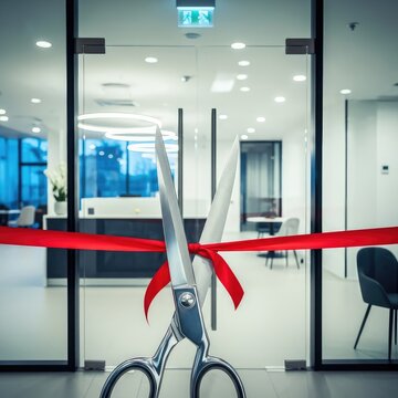 Large silver scissors poised to snip a vibrant red satin ribbon stretched across the modern glass entrance of a newly launched workspace, enterprise, bright, success