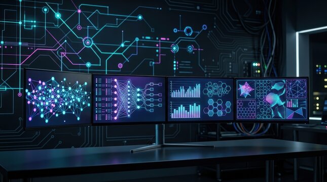 A sophisticated command center display showcases advanced artificial intelligence neural networks and complex cybersecurity analytics flowing across multiple screens within a dark high tech