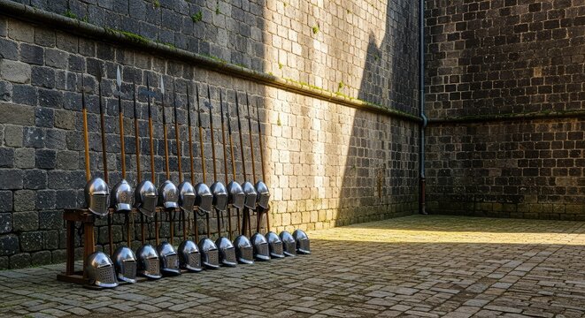 Polished helmets and iron spears stand ready against massive stone walls within a quiet medieval fortress courtyard with weathered paving, enclosure, ancient, rustic