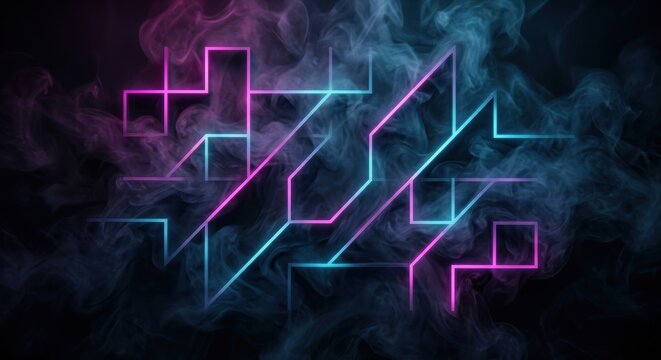 Vibrant neon lines form complex geometric patterns that glow intensely amidst swirling dark atmospheric clouds of thick vapor to create a mesmerizing visual representation of futuristic energy
