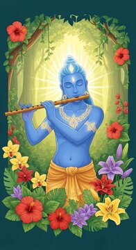 Radiant blue divine form playing a wooden flute amidst lush green foliage and vibrant flowers under a soft golden glow in a serene forest, vibrant, sacred, instrument