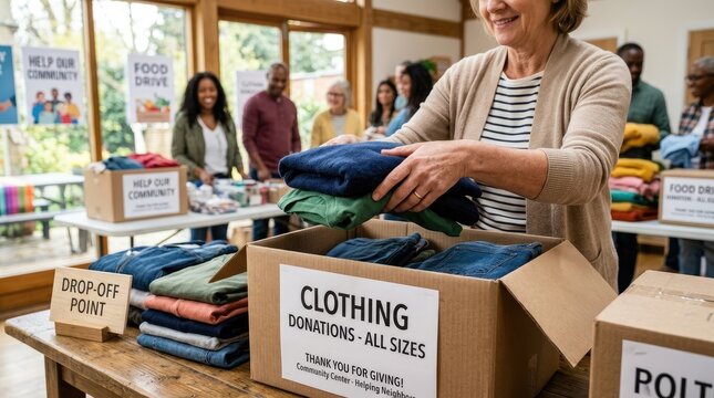 An elderly woman is sorting clothes in a cardboard box at a community center.