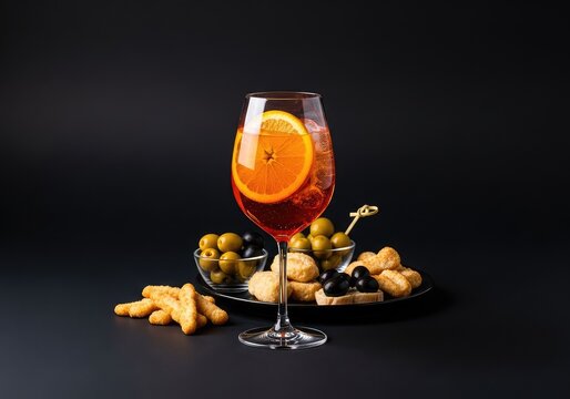 Un bicchiere di spritz ghiacciato con una fetta di arancia fresca accanto a stuzzichini e olive serviti su un elegante fondo nero scuro, bar, drinkware, beverage