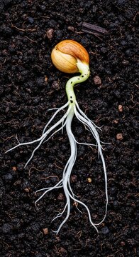 Vibrant cross-section of a small seed sprouting delicate white roots into rich dark earth, capturing the magical start of new plant life, moisture, fertile, soil