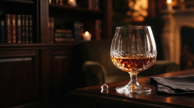 A crystal wine glass filled with amber-colored whiskey sits on a dark wooden table. The glass is adorned with a delicate, intricate cut pattern.