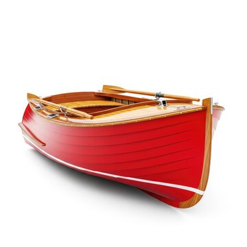 Vibrant red nautical boat isolated on a seamless white background. Classic small vessel featuring a sleek hull, wood details, and oars, cutout, object, deck