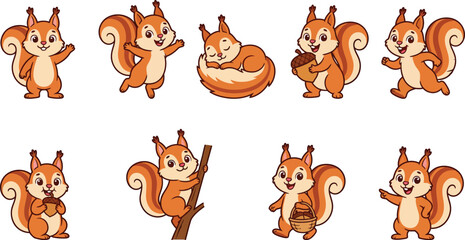 Obraz premium Cute Cartoon Squirrel Character Set in Various Poses Holding Acorn, Sleeping, Climbing Tree, Running, and Waving for Children Design Vector Illustration