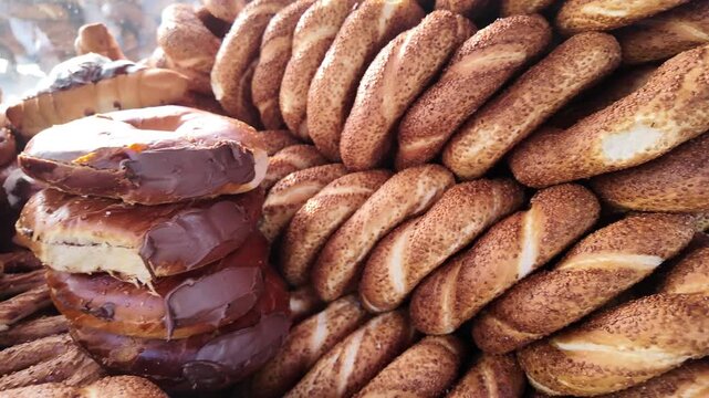 turkish simits display of fresh bread in the market