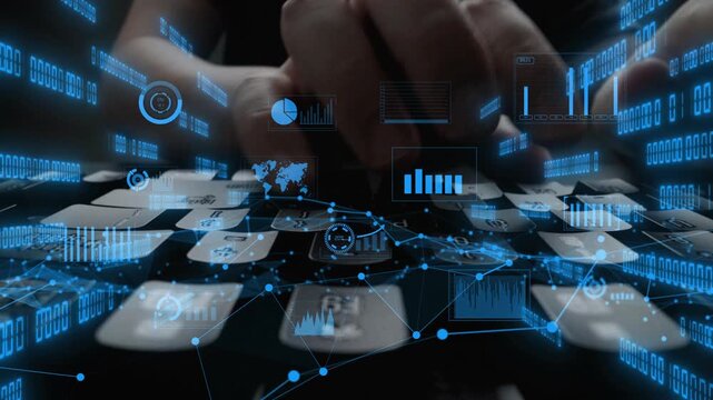A modern digital workspace showcasing a keyboard with floating data analysis graphics, representing technology and information processing in business environments. Xenic