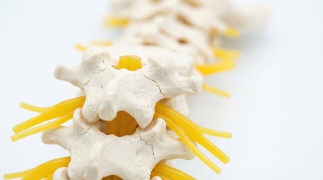 Spinal column model showing vertebrae and nerves for medical education and anatomy study illustration.