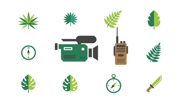Jungle exploration adventure icon set containing various tropical leaves, a video camera, portable radio transmitter, and compass.