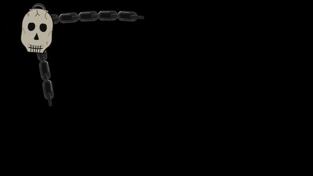 Spooky 2D Halloween frame border featuring an aged iron chain and weathered skull gently swaying in a gothic corner ornament animation. Isolated on a transparent alpha channel background with a seamle