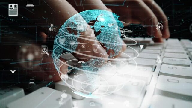 A close-up view of hands typing on a keyboard, overlaid with a digital globe and technology icons, symbolizing global connectivity and modern online interaction. Xenic