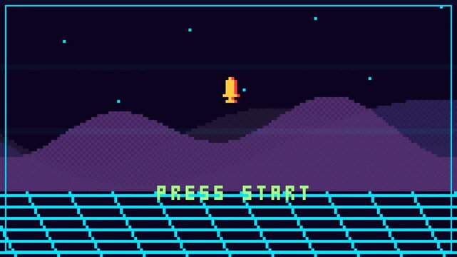 Retro Pixel Art Arcade Game Start Screen with Neon Grid and Mountains