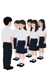 Obraz premium Group of school students in white shirts and navy uniforms standing in line, flat vector illustration on a white background