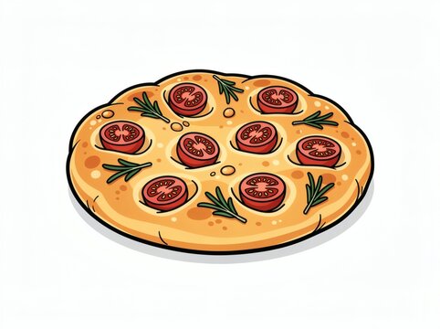 Focaccia bread topped with fresh tomato slices and green herbs rests on a neutral studio background.