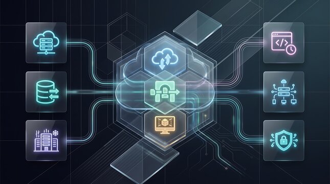 Cloud computing infrastructure and data center management diagram showing server virtualization and resource allocation for optimized digital transformation and network efficiency