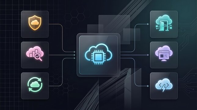 Cloud computing architecture and secure data storage infrastructure with integrated digital service management icons for enterprise level automation and scalable technology solutions
