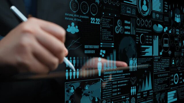 A business professional interacts with digital data displays, focusing on communication networks and analytics in a modern workspace atmosphere, highlighting technology advancements. Cipher