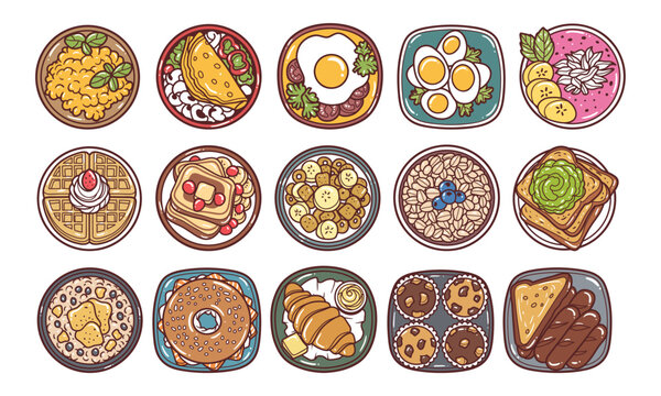 Breakfast foods top view handrawn vector illustration set