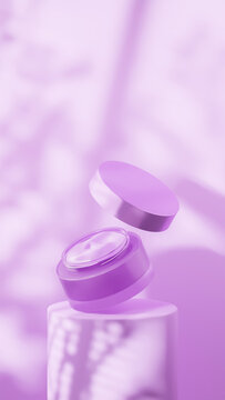 floating lavender violet cosmetic jar hovering above lavender violet tube podium. Set over lavender violet background with soft gobo shadows of tree branches