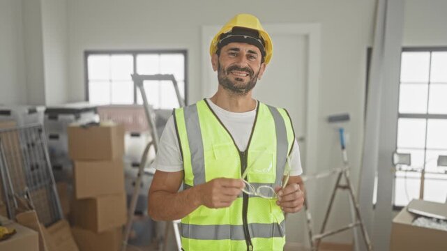 Man construction engineer in hardhat and reflective vest holding safety glasses and smiling while adjusting them in a building; confidence safety diligence.