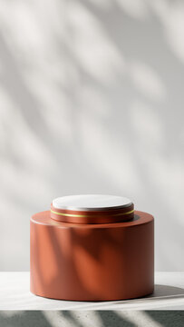 A luxurious podium in Venetian Red with gold stripe. Placed on a Rounded board over Base cement texture with White backdrop. Nature gobos light