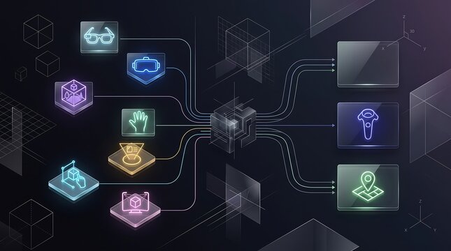 Virtual reality interface with immersive haptic feedback icons and 3D environment mapping tools connected to a central computing core in a futuristic digital transformation graphic design